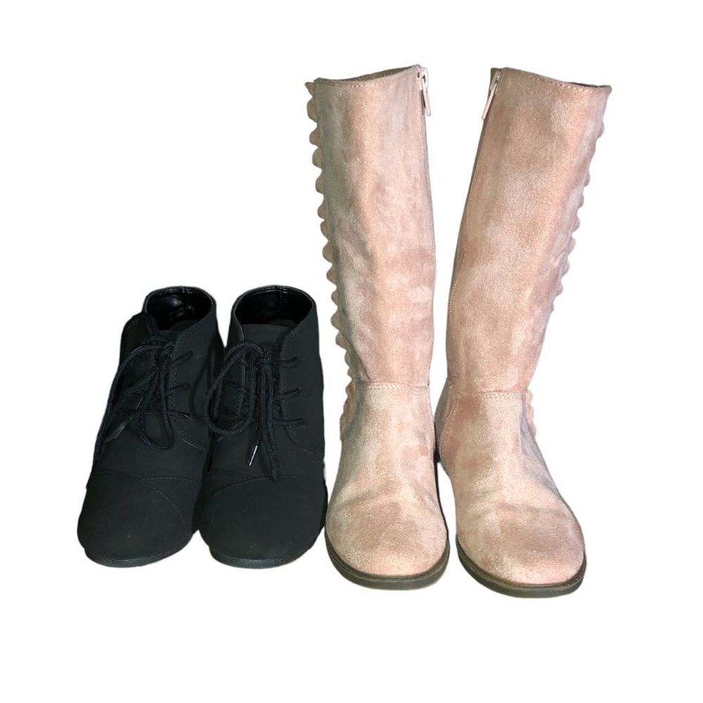Girls boots, two pairs, blush over calf and black wedge ankle booties, size 1